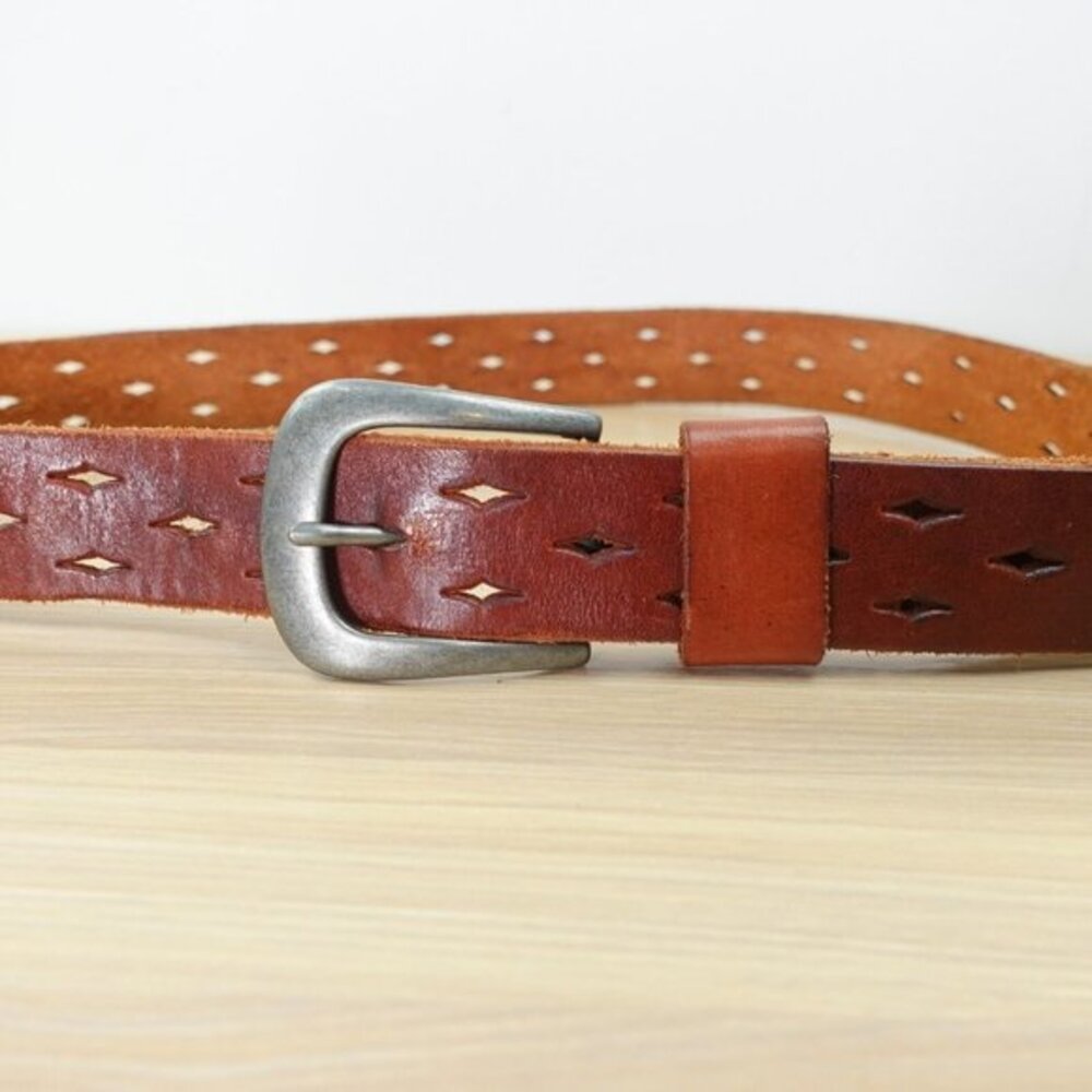 Western Boho Leather Belt‎ 34 MEDIUM Cognac Brown Cutout Antique Silver Buckle